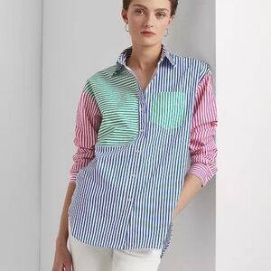 LAUREN RALPH LAUREN Women's Striped Cotton Broadcloth Shirt Large